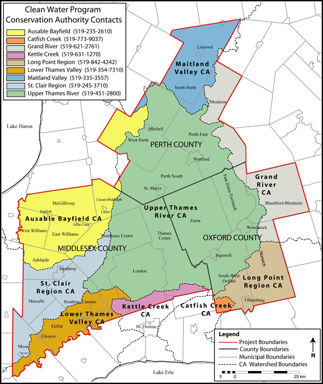 Map of Perth, Middlesex, and Oxford Counties, showing what Conservation Authority to contact for information about the Clean Water Program